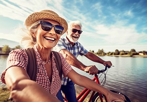 Two older people biking near a lake